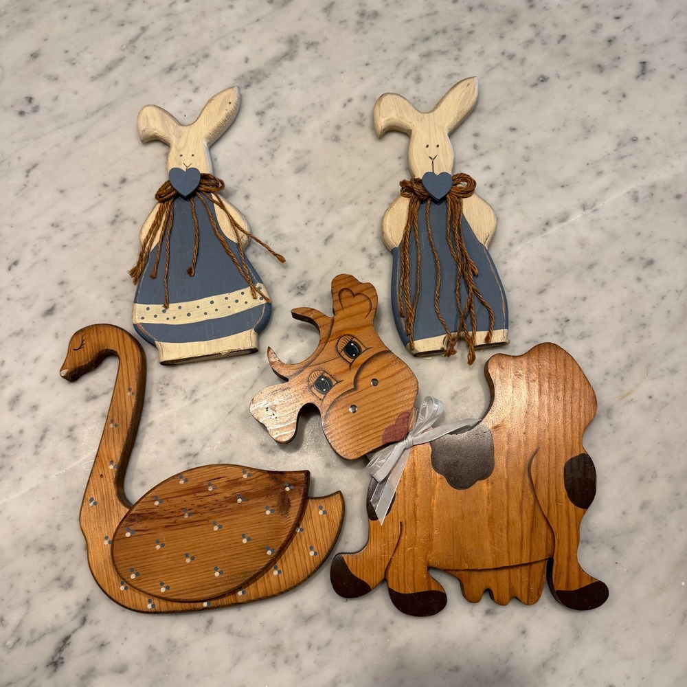 Vintage Farmhouse Wood Wall Decor Set 4pc Cow Swan Rabbits Hand Painted Folk Art
